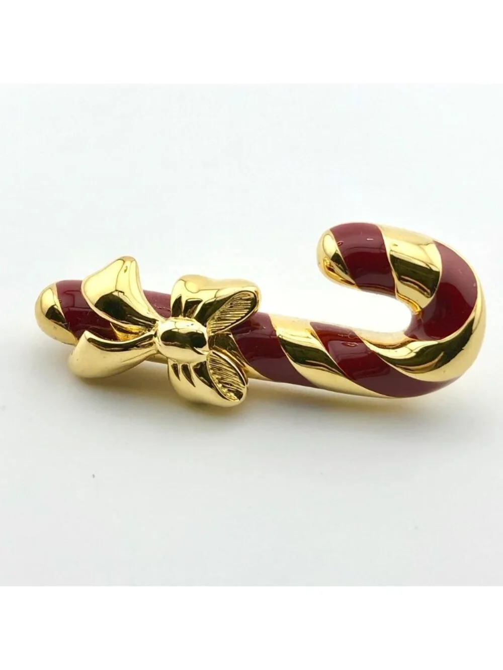 Napier Candy Cane Christmas Pin Brooch Gold Tone Red Enamel Bow Signed Vintage